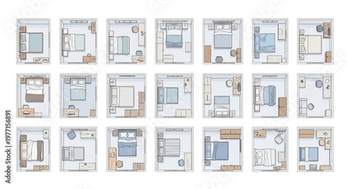 Collection of various interior design floor plan layouts.