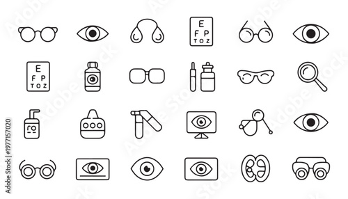 Vision health icons collection with eye symbols glasses frames and ophthalmology clinic examination tools.