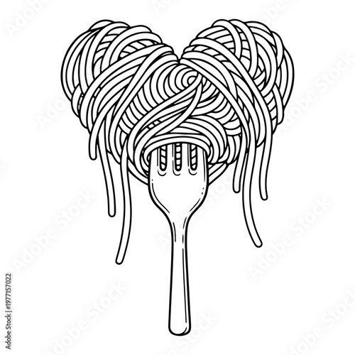 Spaghetti pasta noodles on a fork forming a heart shape line art illustration
