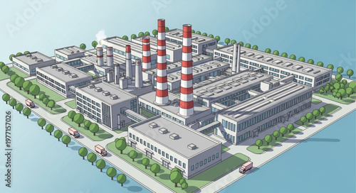 Modern Industrial Chemical Plant Complex with Tall Stacks.
