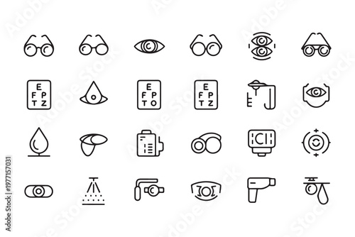Optometry medical equipment icons featuring eye examination tools vision charts and diagnostic devices line.