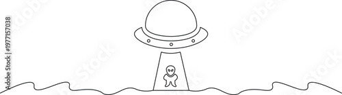 A simple line drawing of a cartoon alien being abducted by a UFO in a peaceful landscape