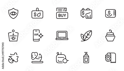 Set of vector outline icons of various objects on a white background, collection of simple symbols.