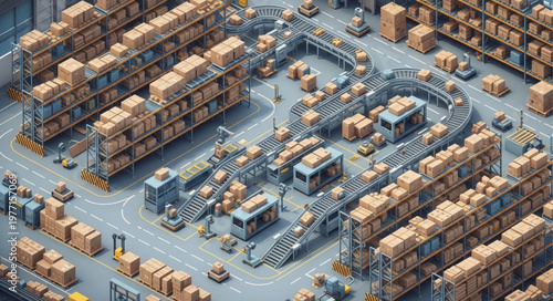 Automated Warehouse Logistics System with Boxes and Conveyor Belts.