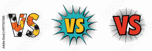 Cartoon comic VS lettering set with colorful pop art style text effects, bold versus symbols, halftone shading, explosion burst background elements and dynamic battle typography illustration