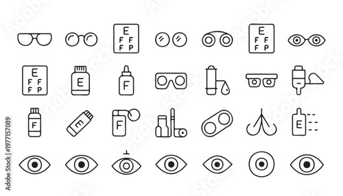 Optometry and ophthalmology icon set featuring eye care equipment vision testing tools and ocular health items.