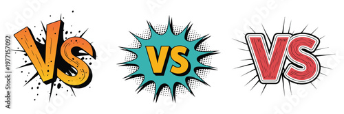 Cartoon comic VS lettering set with colorful pop art style text effects, bold versus symbols, halftone shading, explosion burst background elements and dynamic battle typography illustration