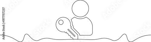 A minimalist line drawing of a person emerging from water holding a large key