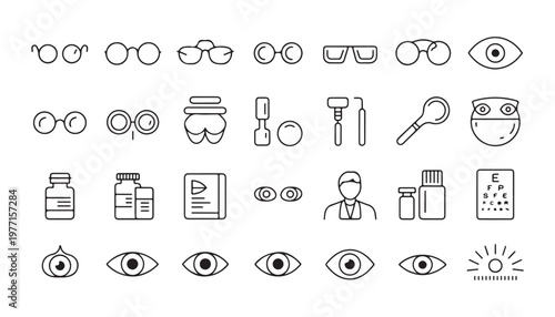 Eye health and optometry icons featuring vision testing equipment spectacles and medical eye care products.