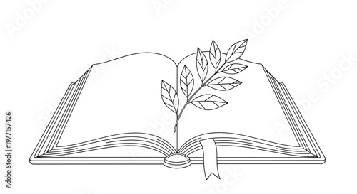 Outline drawing of an open book with a decorative leafy branch and a ribbon bookmark on a clean white background for education.