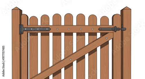 Traditional wooden garden gate with a vertical picket design and black metal hinges and latch on a clean white background.