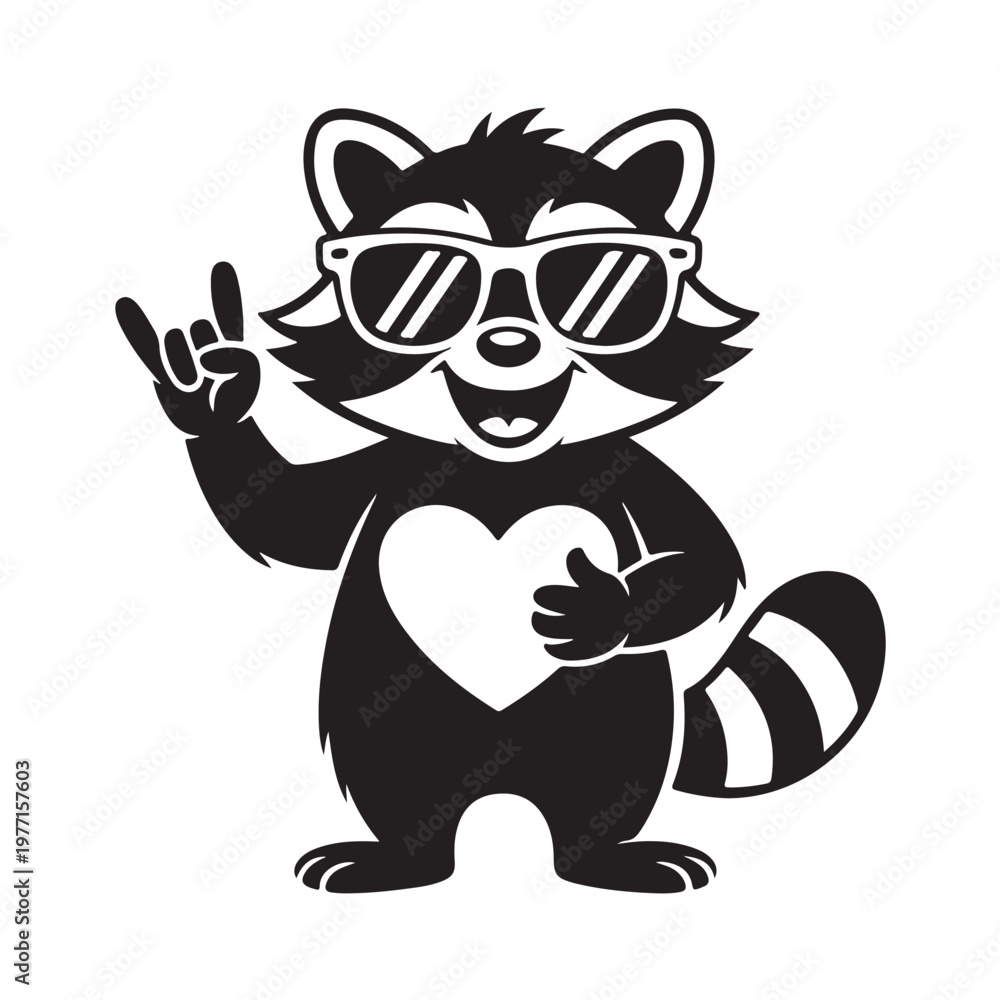 Naklejka premium Black silhouette cartoon raccoon character standing upright
