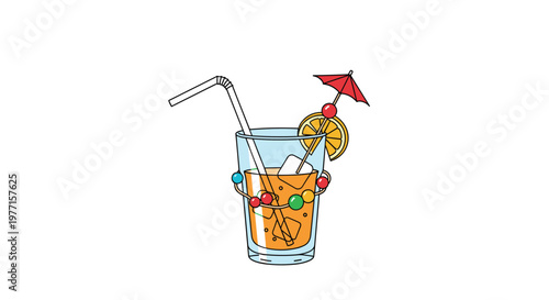 Refreshing summer cocktail in a glass filled with ice cubes an orange slice and a decorative umbrella isolated on a white background for vacation themes.