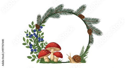 Beautiful wreath made of pine branches, red mushrooms, blueberries, and pine cones with a small snail crawling at the bottom part.