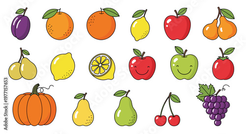 Large collection of hand drawn fruits and vegetables including apples oranges grapes and a pumpkin designed in a cute and friendly cartoon style.