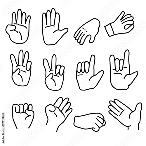 Palms, a set of gestures and signs in a simple line sketch. Hand-drawn illustrations of fingers, symbols, emotions, and communicative gestures isolated on a white background. Vector illustration.