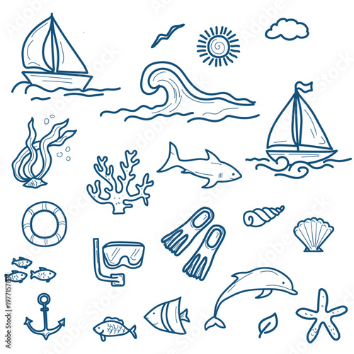 A set of hand-drawn summer ocean diving icons. Vector illustration. Line drawings of the underwater world, including a sailboat and waves, shells, corals, and fish, isolated on a white background.