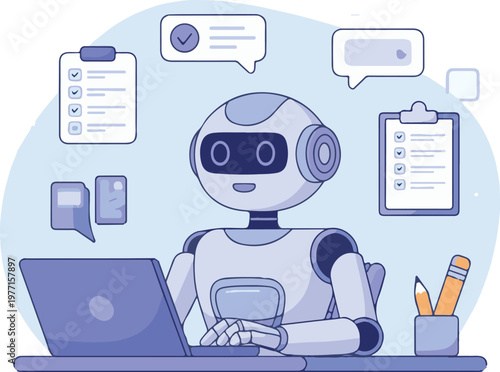 Modern robot working on laptop with multitasking icons in flat vector style.