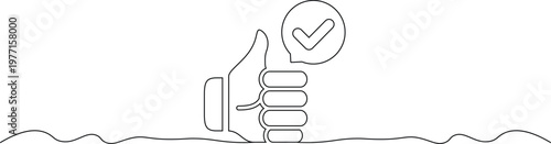 A minimalist line drawing of a hand giving a thumbs up with a checkmark in a speech bubble