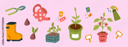 Garden tools with plants, seeds and greenery, gardening concept illustration