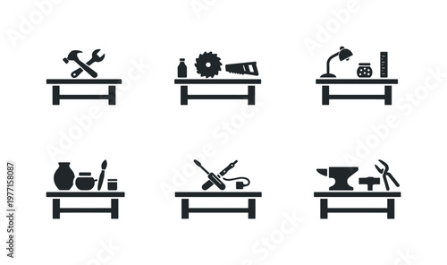 Collection of workshop and craft icons on tables, representing different trades and hobbies