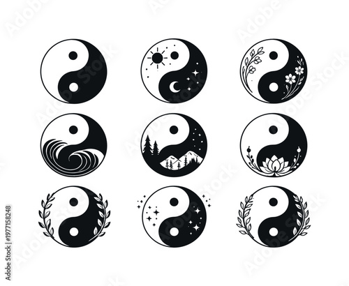 Collection of nine distinct yin yang symbols with nature and celestial elements