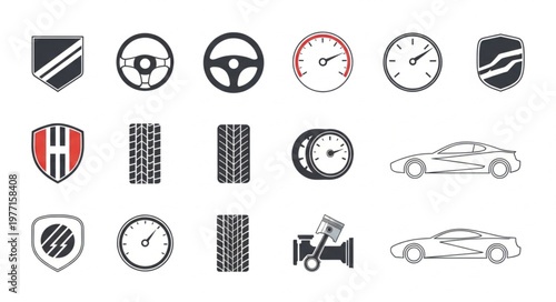 Collection of automotive icons and symbols for design.