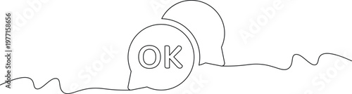 A simple line drawing of a speech bubble with the word OK on it, floating above a wavy line