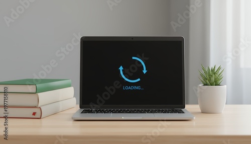 Modern laptop displaying a blue loading spinner and text on its screen placed on a wooden desk next to a stack of books and a potted succulent waiting progress process buffering