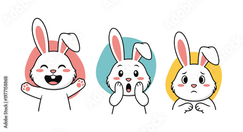 Set of three cute white rabbit characters showing happy surprised and sad emotions for children's educational content and behavioral learning themes.