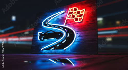 Neon sign depicting a race car on a winding road with a checkered flag.