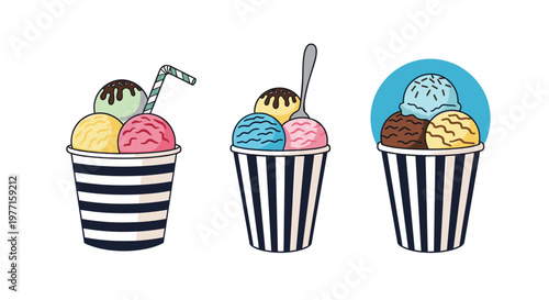 Set of three delicious ice cream cups with multiple colorful scoops and sweet toppings for summer treat and dessert shop promotional designs.