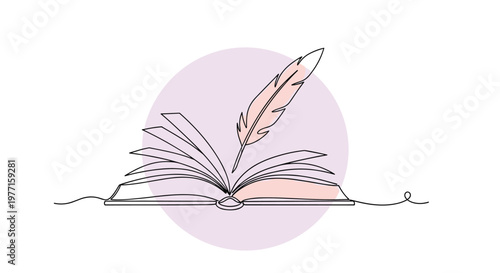 Minimalist one line drawing of an open book with a delicate feather quill pen set against a soft purple circular background.