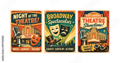 Vintage Theatre Show Posters Featuring Marquees, Microphones, and Masks