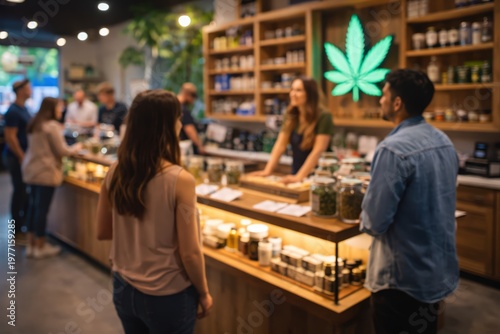 blurred Customers and Staff in a Modern Cannabis Dispensary Interior