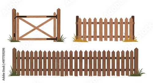 Various styles of rustic wooden fences and a matching gate shown with small clumps of grass in a clean flat illustration.