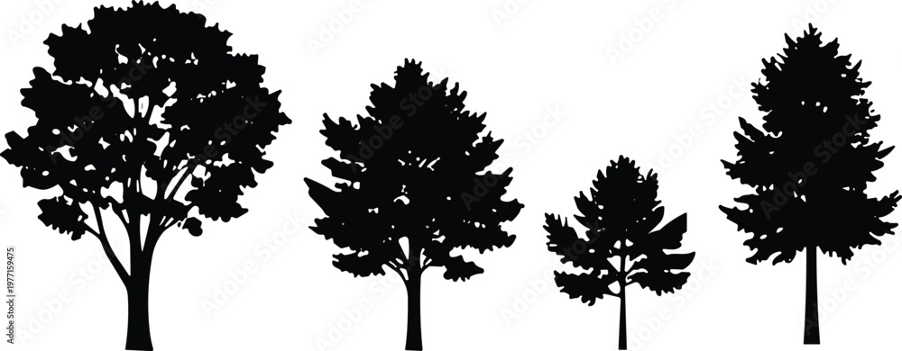 Fototapeta premium Tree silhouettes illustration, natural vector design, diverse canopy forms concept, organic branching structure inspiration minimal art