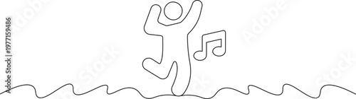 A minimalist line drawing of a person dancing with a musical note in a lively and carefree scene