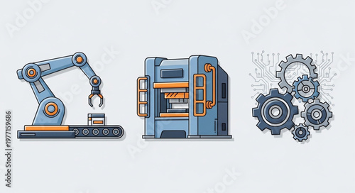 Industrial robot arm conveyor belt and manufacturing machine with gears.