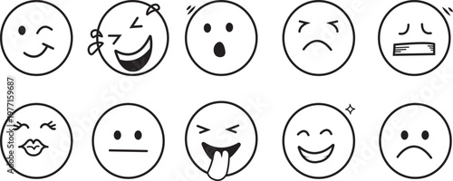 Face emoji icon set. Hand drawn doodle sketch style happy, angry, sad mood face emoticon background. Funny cartoon characters smile, wink, kiss emoji. Cute circle emotion element. Vector illustration
