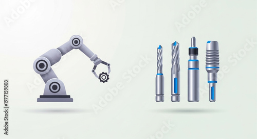 Robotic arm and industrial drill bits on white background.