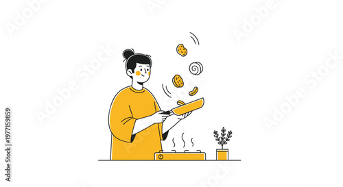 Flat design woman cooking, kitchen illustration, food preparation, culinary art vector