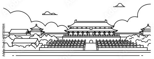 Forbidden City in Beijing line art vector illustration depicting ancient Chinese imperial palace and temple architecture