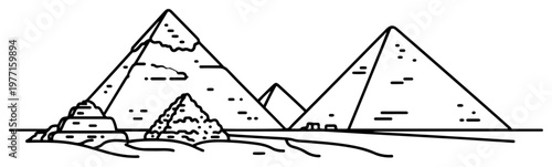 Egyptian Pyramids of Giza line art vector illustration with desert landscape and ancient pharaoh architecture symbols