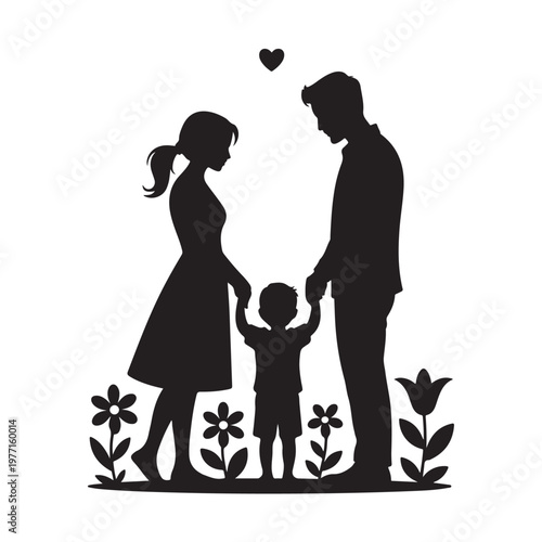Black silhouette family with heart and plants love