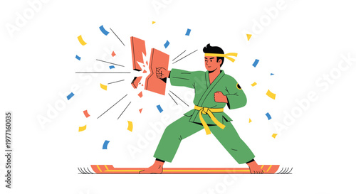Karate, martial arts, breaking boards, green uniform, action vector