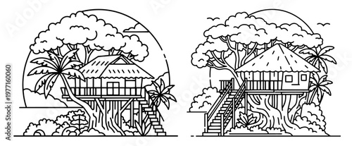 Wooden treehouse hut in tropical jungle forest set of two circular badge linear vector illustrations