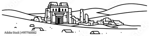 Ancient desert ruins landscape with stone temple and dunes minimalist vector line art drawing