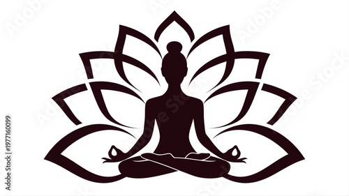 Meditating Woman Lotus Pose Silhouette with Lotus Flower Yoga and Meditation Symbol.