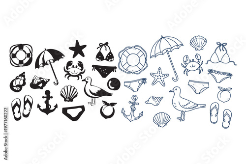 Black and white nautical doodle collection seashells anchors and ocean creatures